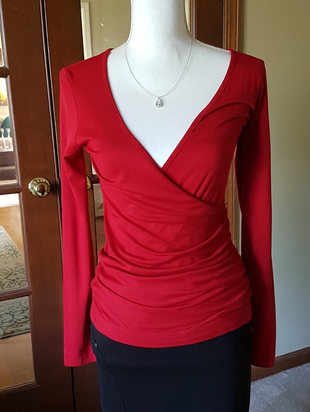 Bright Red Fitted Ruched Wrap V-neck Top From Greece - Ysatis Like NEW